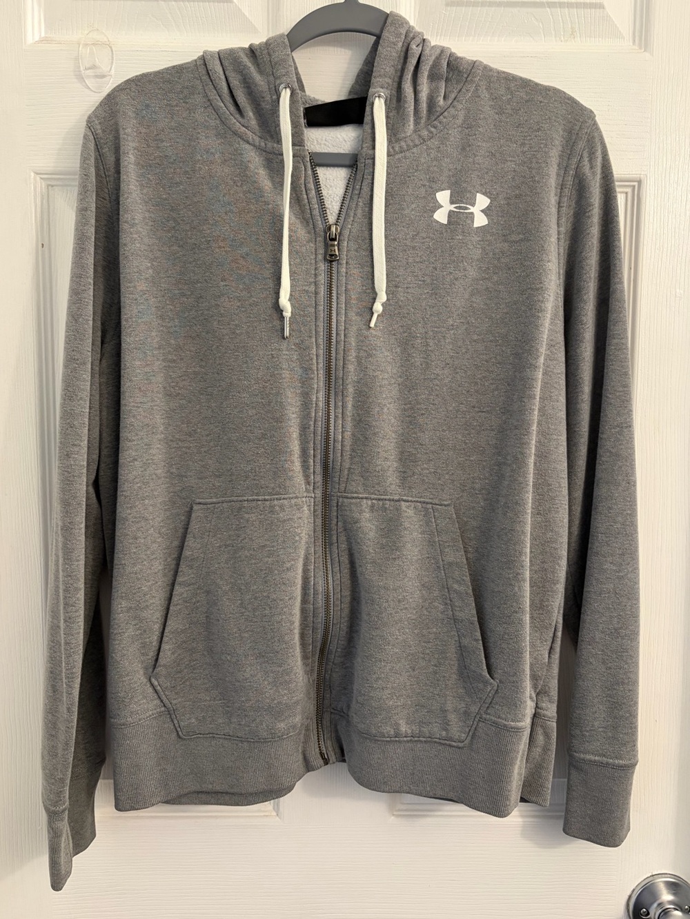 Under Armour Women's Gray Full-Zip Hoodie with White Logo. Size medium